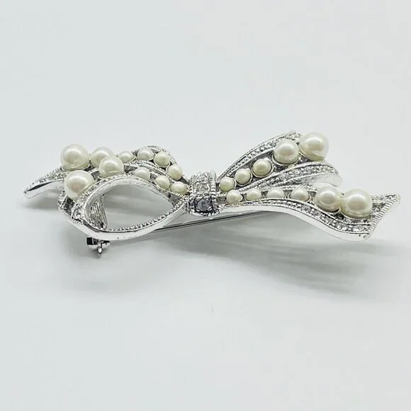 Vintage MONET Silver Tone Bow Brooch Faux Pearl Rhinestone Signed June Birthday - Picture 3 of 7